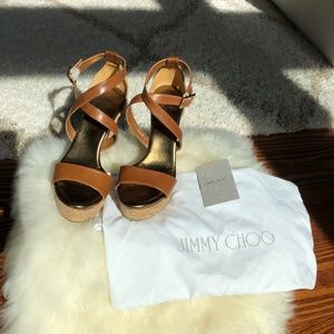 Jimmy Choo Tan Brown Leather Wedge Sandals
